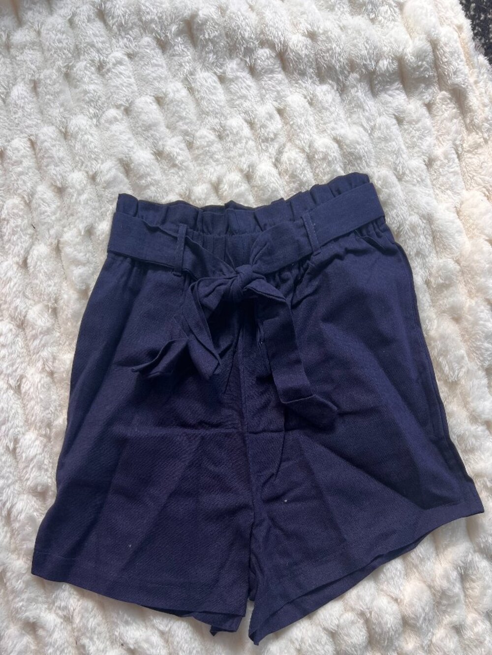Women's Blue High-Waist Paperbag Shorts
